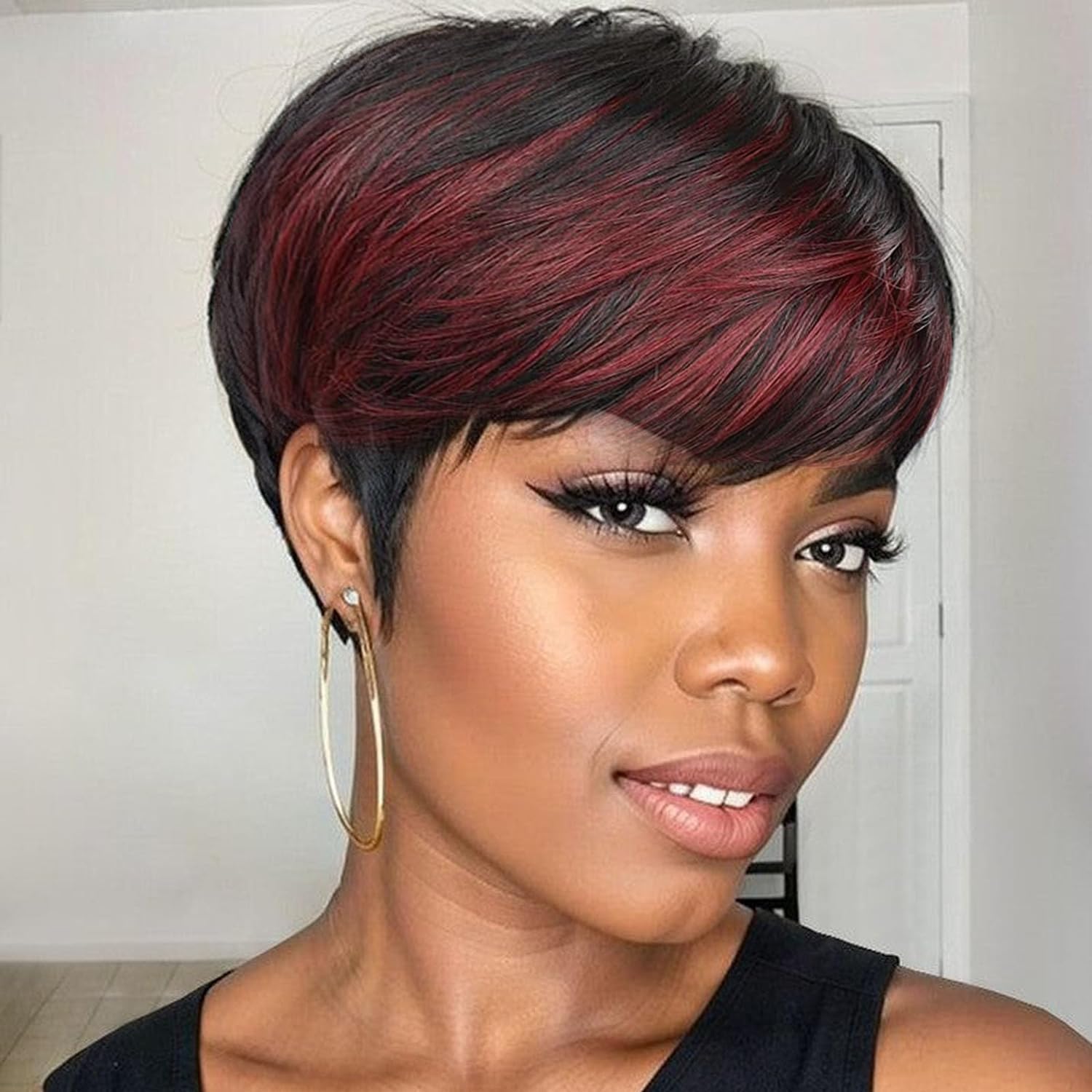 Pelucas cortas de corte Pixie para mujeres negras, pelucas cortas con flequillo, pelucas negras con capas marrones, pelucas de cabello Real Bob corto sin pegamento para Wo