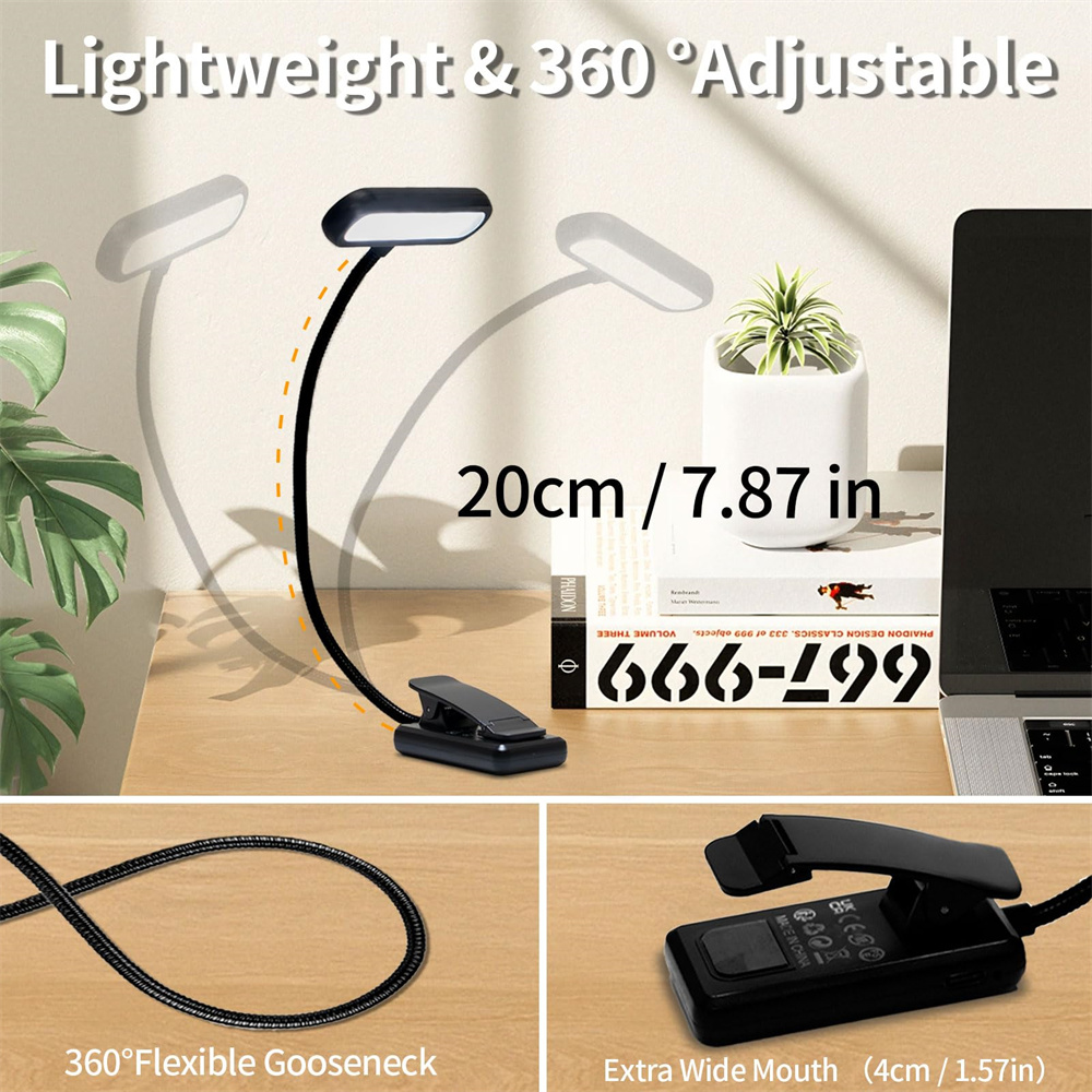 LED-boeklicht Leeslamp Oogzorgzame clip-on USB Oplaadbare dimbare lichtlamp Verstelbare flexibele nachtleeslamp