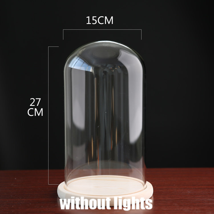 Tabletop Display Glass Cover Terrarium Container Decor Dry Flower Ornaments Craft Bell Jar Wood Base with Feet LED Light Holder: Pink