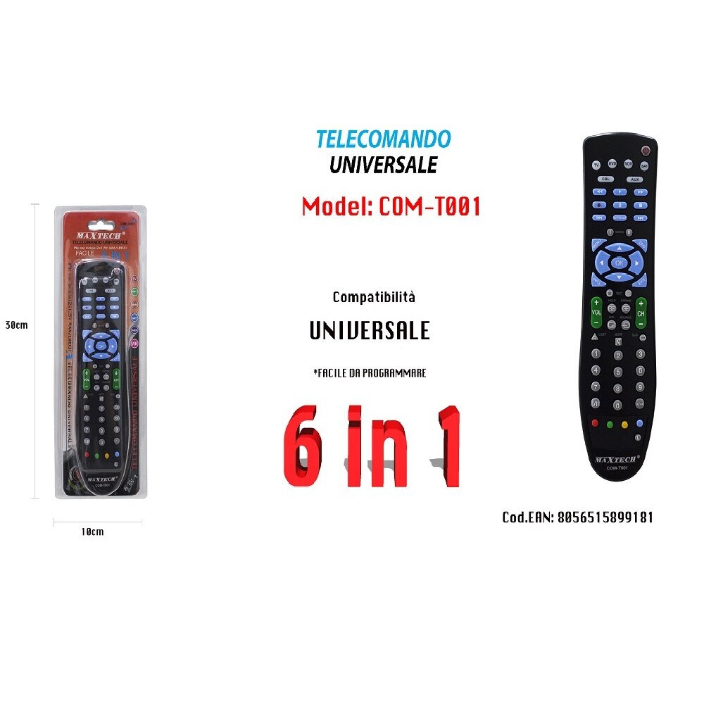 TELECOMANDO UNIVERSALE 6 in 1 TV-DVD-VCR-sab-DVB-T-AUX mucchio AAA MAXTECH COM-T001