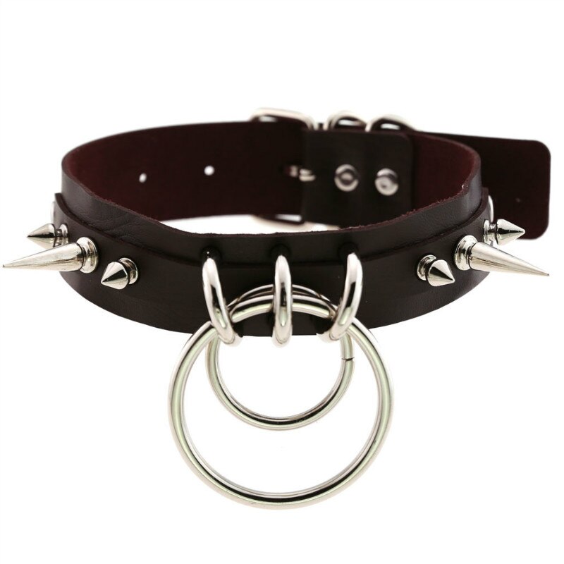 Spiked choker for women men punk rock Collar Goth necklaces Leather Choker Girls o shape Harajuku Gothic Jewelry CR631: Dark brown N