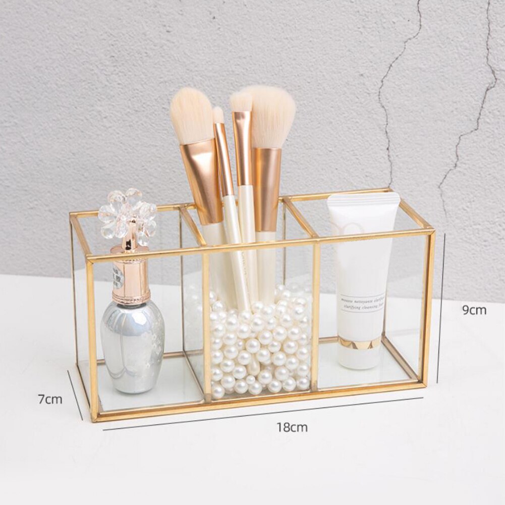Transparent Glass Makeup Brush Storage Box Gold Cosmetics Container Ring Pencil Lipstick Holder Make Up Brushes Organizer