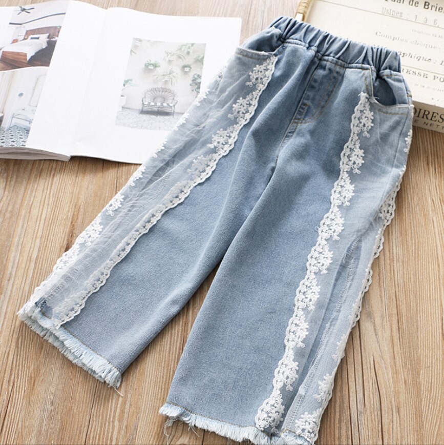 enfant bébé fille été dentelle patchwork jean enfants enfants élastique taille ample jambe large jean