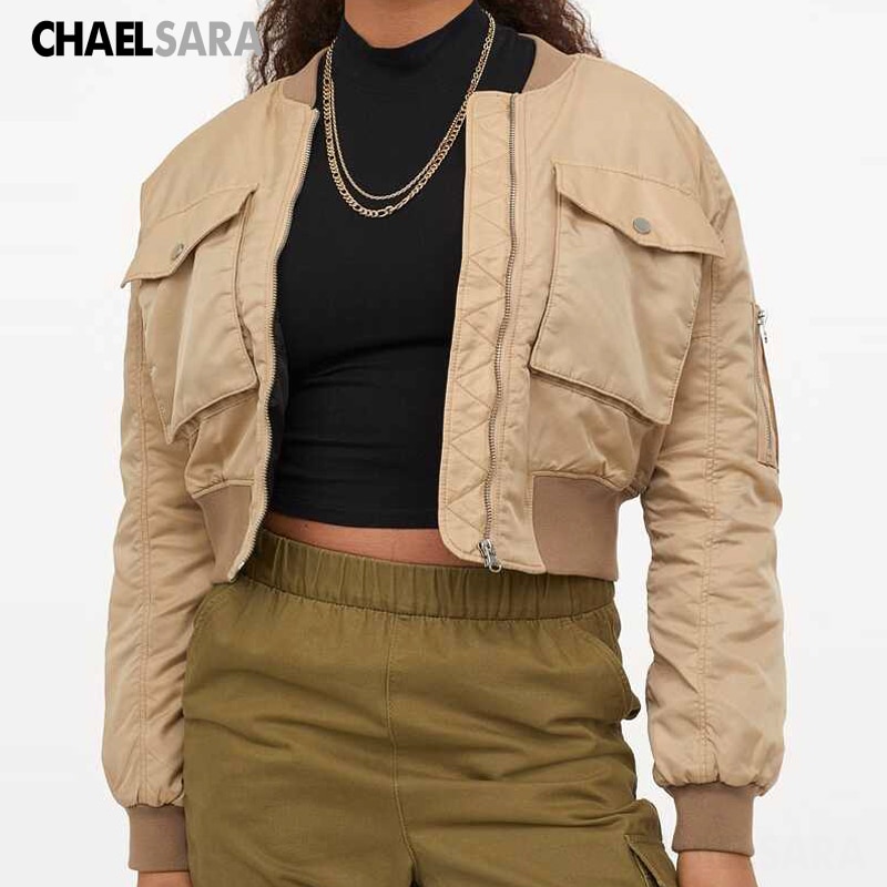Chaquetas de béisbol cortas para Mujer, abrigo informal liso con cremallera, holgado, prendas de vestir, Tops, Chaqueta para Mujer