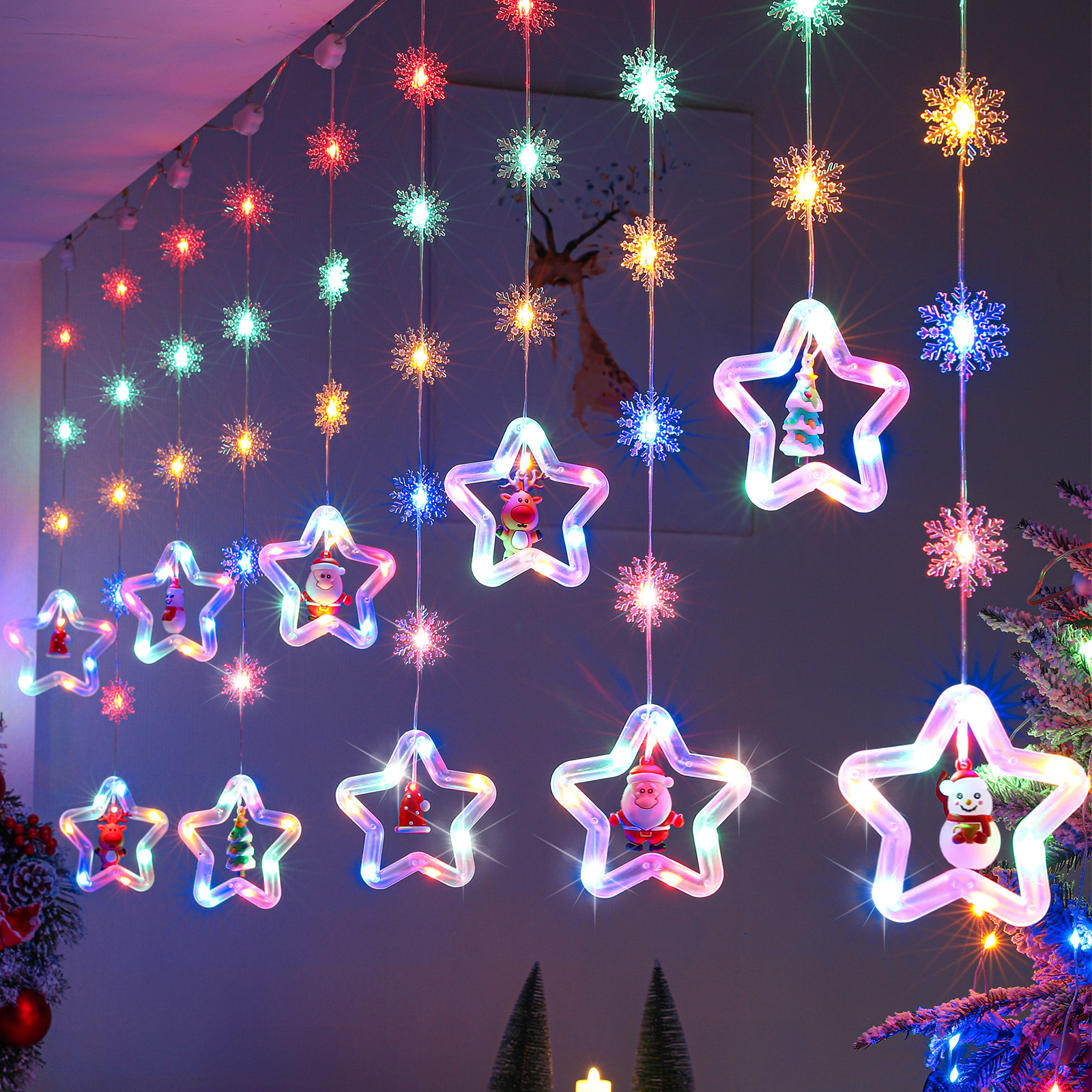 Julegardinlys til vindu, hengende lys med julenissen, innendørs ,3m, 100 led-lys med , 8 moduser, stjernegardin: Rgb