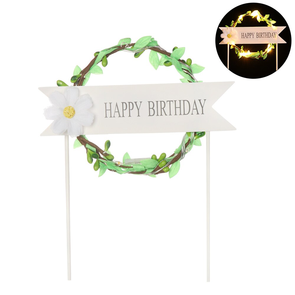 LED Cake Topper Glowing Artificial Garland Cake Topper For Happy Birthday Party Cake Decoration Flower Daisy Year: green / NO LED