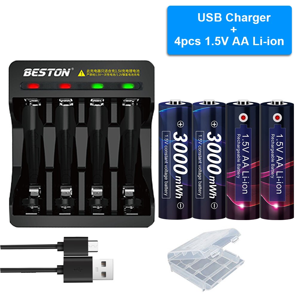 1.5V Rechargeable AA Battery 3000mWh Lithium-ion Batteries For Clock Toys Flashlight Remote Control Camera battery AA 1.5V: 4AA and Charger
