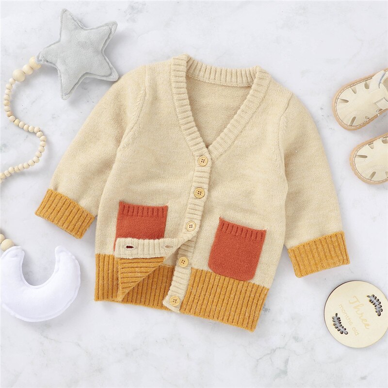 Baby's Sweater Knit Cardigan Buttons Single breasted Contrast Color V-neck Soft Tops Newborn Infant Girl Boy Knitted Coat 0-2Y