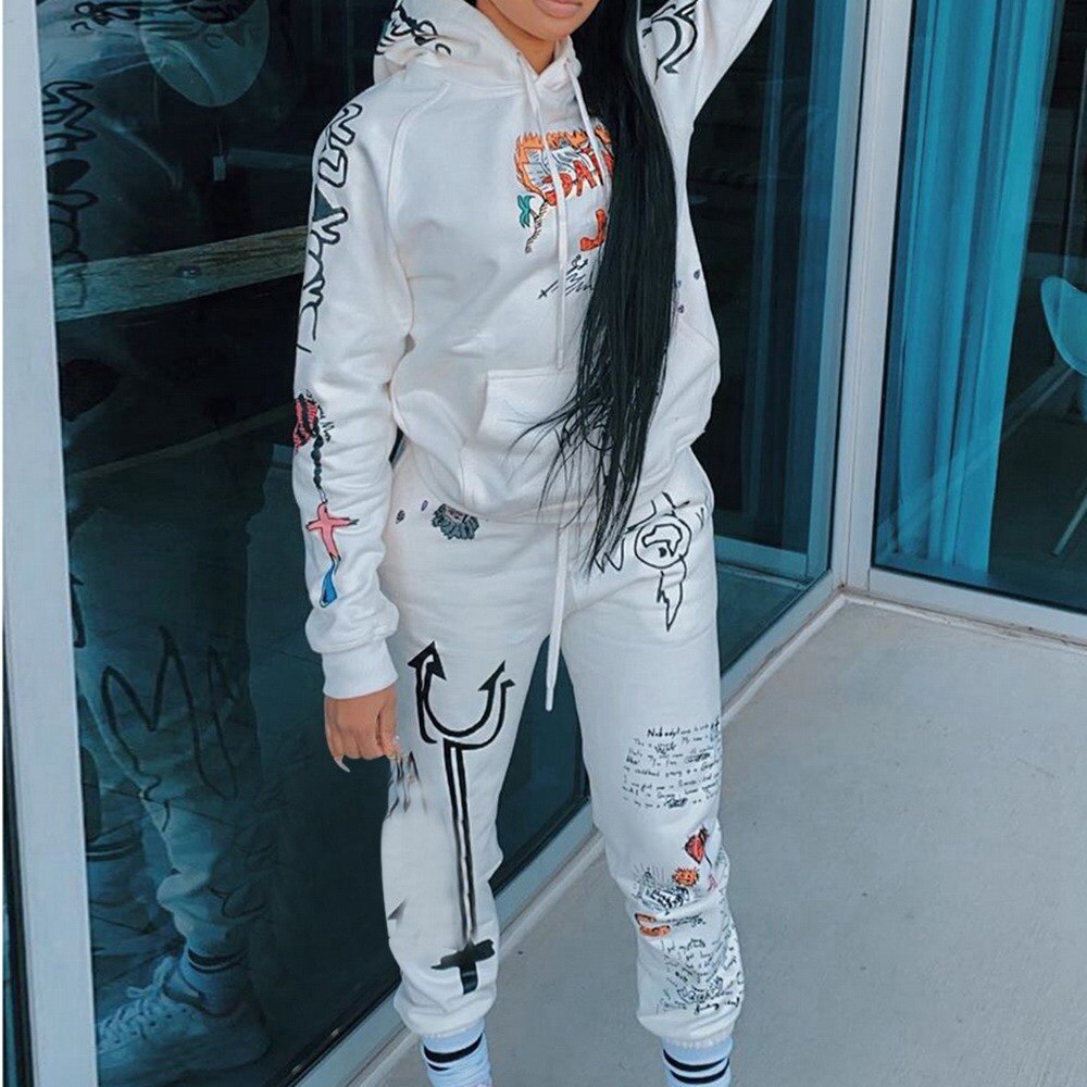 Graffiti Streetwear Twee 2 Delige Set Vrouwen Trainingspak Vrouwelijke Wit Zwart Truien Broek Vrouwen Bijpassende Sets Outfits Sweatsuit