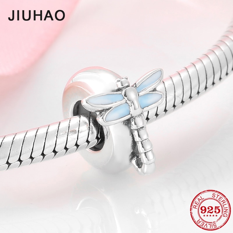 925 Sterling Silver Blue Enamel Dragonfly Stopper spacer Beads fit European Bracelets Making