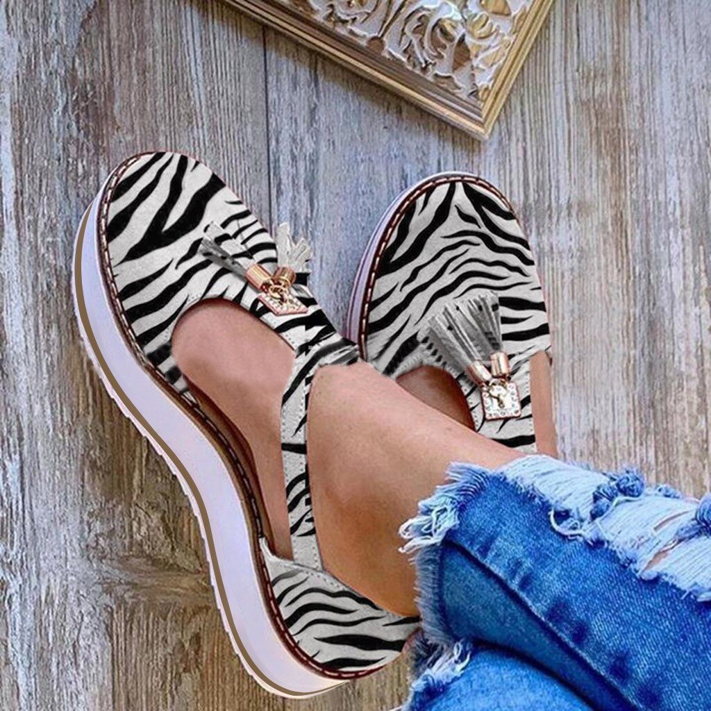 Zebra mønster print sandaler kvinder sandaler spænde rem solid frynsebetræk hæl flad platform hæl afslappet damer plus størrelse sandal: 35