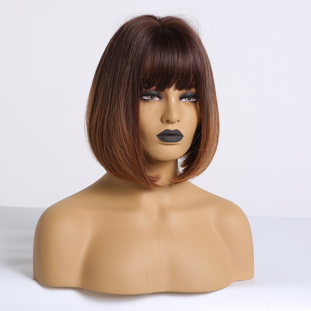 Alan Eaton Rechte Donkerbruin Blonde Ombre Synthetische Pruiken Met Pony Voor Vrouwen Korte Bob Pruik Hittebestendige Lolita Cosplay pruiken