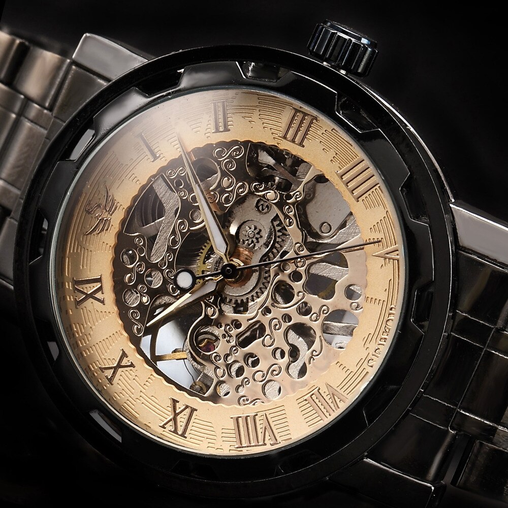 SEWOR winner Skeleton Mechanische Horloge Golden Transparante Steampunk Klok Mannen Roestvrij Volledige Stalen Horloge Relogio