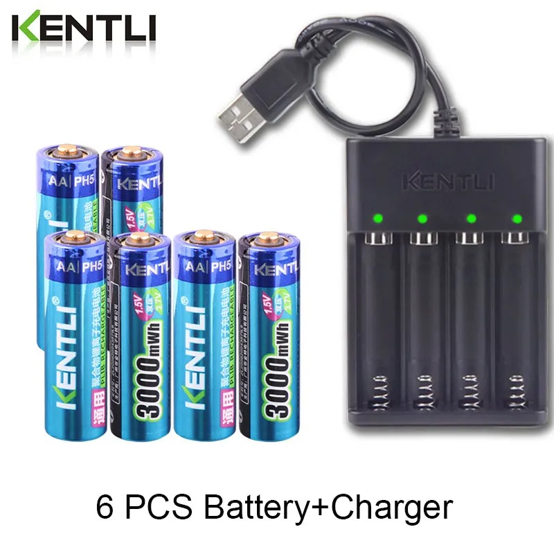KENTLI 1,5 V 3000 mWh Lithium-Li-Ionen-AA-AA-Akku + 4-Kanal-Polymer-Lithium-Li-Ionen-Akku, Ladegerät: Beige