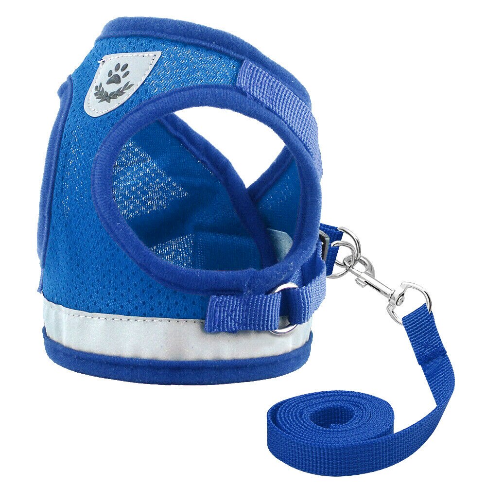Reflekterende hundesele og båndsett nylon mesh valper hunder Vest sele ledninger kjæledyr klær til små hunder: Blå / Xl
