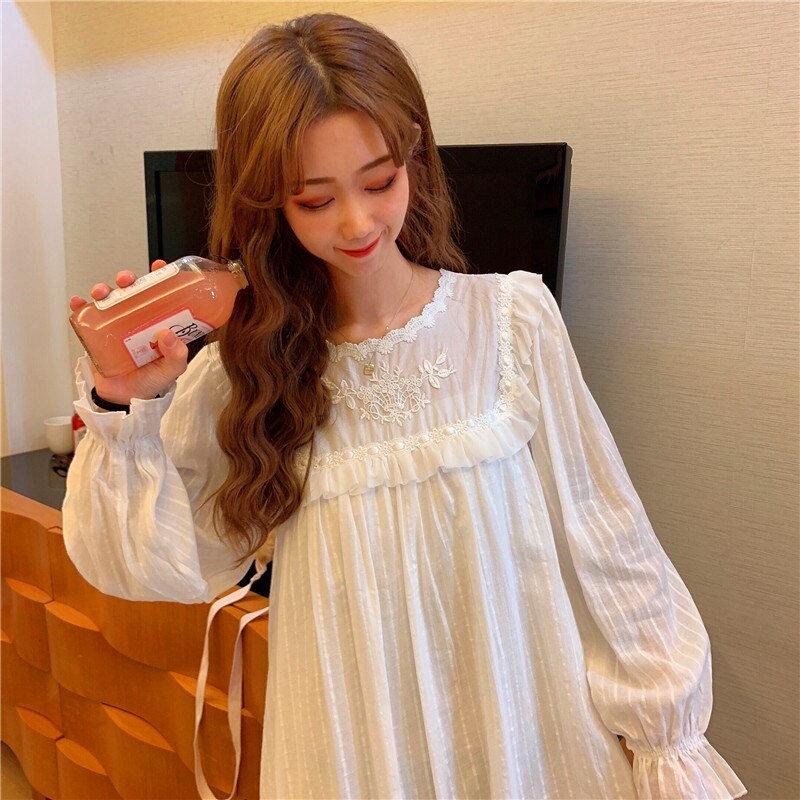 Lace Floral Nightgown Sleepwear Solid Sweet Korean Home Clothes Long Dress Kawaii Striped Embroidery O-Nek Long Sleeve Cotton