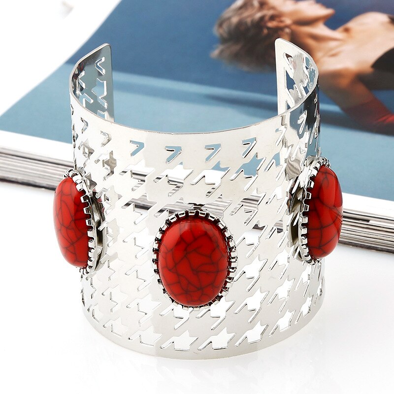 Lzhlq 2020 nova mulher de metal banhado a largura bangle maxi abertura redonda azul pedra jóias pulseira na moda geométrica oco manguito bangle