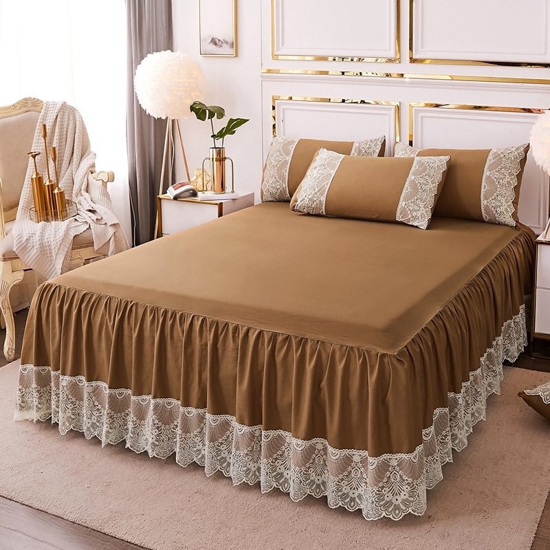 Pink grøn prinsesse seng nederdel blonder piger madrasbetræk dobbelt enkelt dronning hjem tekstil dekorativt kaffe sengetøj 150*200cm: Kaffe / 150 by 200cm 3 stk
