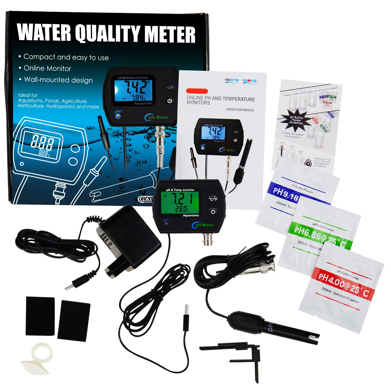 PH &amp; Temperature 2-in-1 Continuous Monitor Meter w/ Backlight Water Monitoring Kit 0.00~14.00pH degC/ degF Dual Display