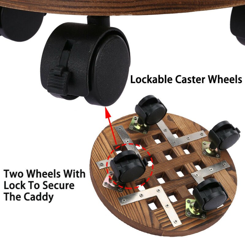 14 inch Round Wheeled Wooden Planter Caddy Plant Stand Indoor Outdoor Flower Pot Mover Trolley Plant Caddy Stand Wheels Rolling