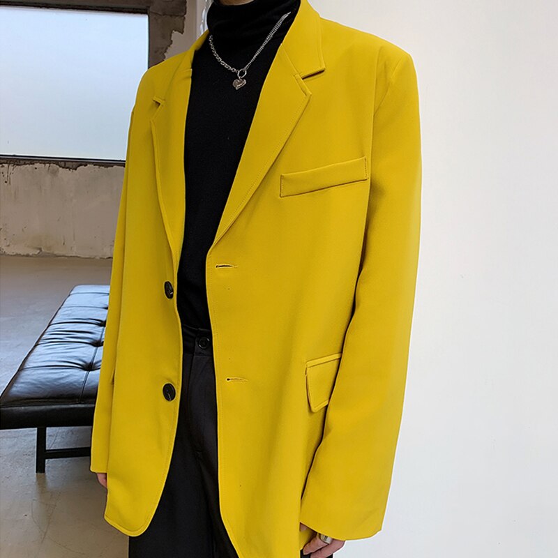 Men Bright Yellow Suit Jacket Notched Lapel Loose Fit Two-Buttons Single Breasted Casual Jackets Spring Mens Outerwear
