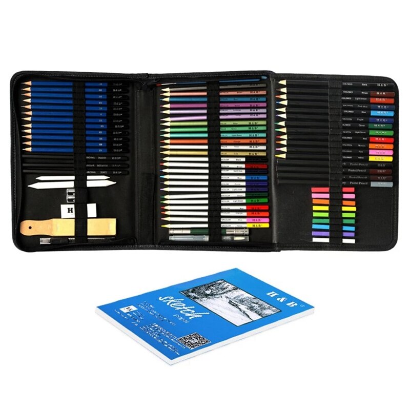 H & B 74 pièces/ensemble Kit de dessin croquis crayons Art croquis peinture fournitures avec sac de transport