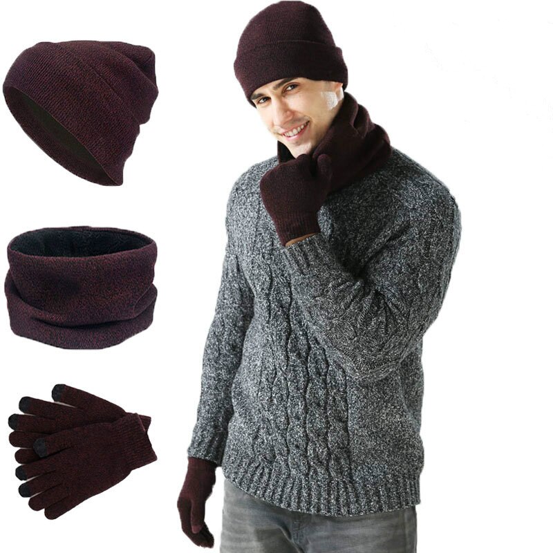 3 st/set mössor halsdukshandskar par vinter vindtäta tjocka halsdukar kit stickad plus sammetsmössa scarfset för män