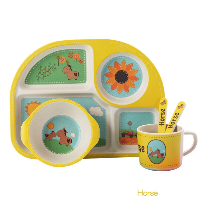 5 stuks babyvoedingsbakjes schattige voedselcontainer van bamboevezels kinderserviesgoed babyservies peuterbord maaltijdschaal: Paard