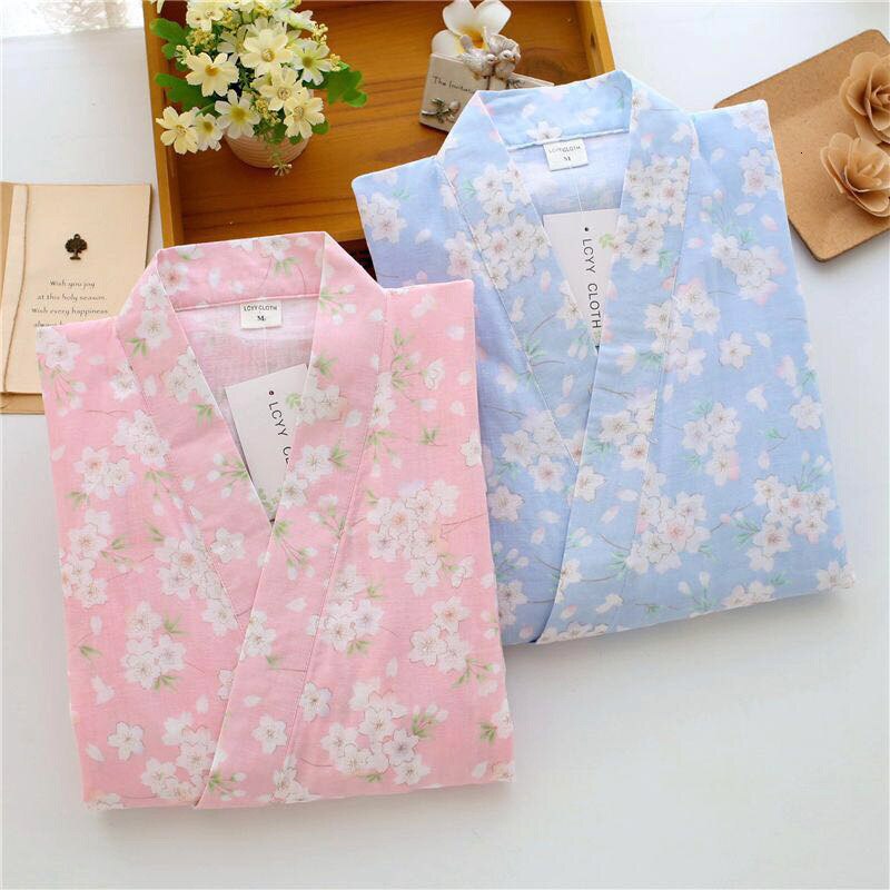 Pyjama traditionnel japonais Yukata en coton, Kimono, costume de printemps, pantalon à manches longues, col en v, imprimé fleur de cerisier,