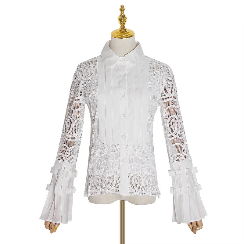 Twotwinstyle vintage patchwork kanten blouses voor vrouwen reverskraag flare lange mouwen uitgeholde shirts vrouwelijke vloed: Wit / Ik