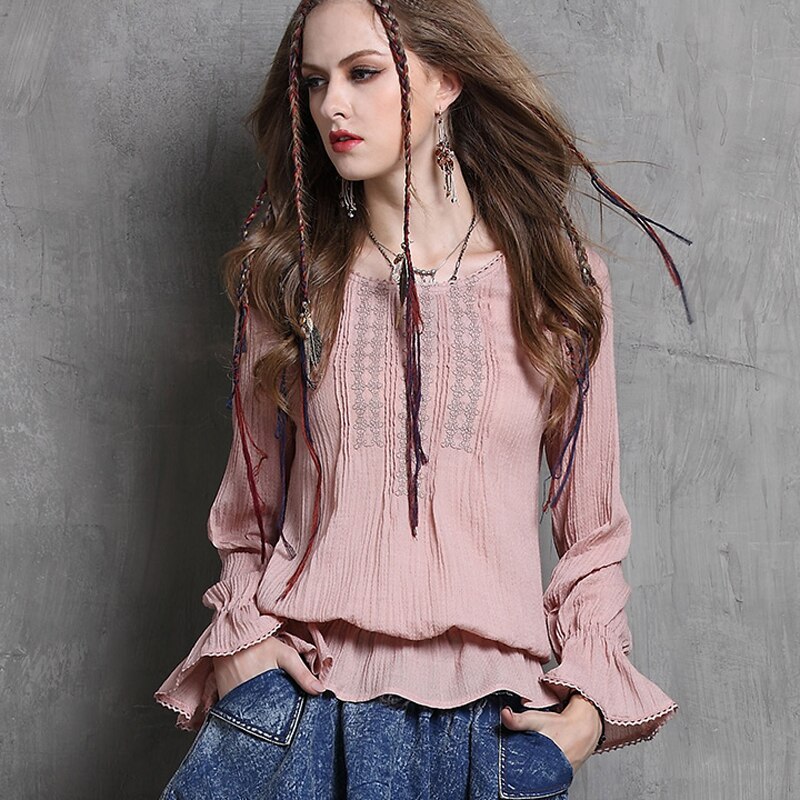 Blusa feminina yuzi høst årgang bomullsbluse o-hals broderi sommerfuglerm løse damebluser  b9536 2 farger