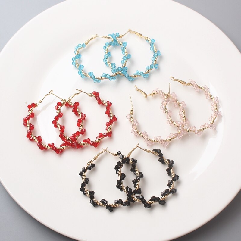 Charm Acryl Kristal Kralen Hoepel Oorbellen Voor Vrouwen Shiny Cirkel Grote Brincos Rood Roze Kleur Bohemian Bruiloft Sieraden