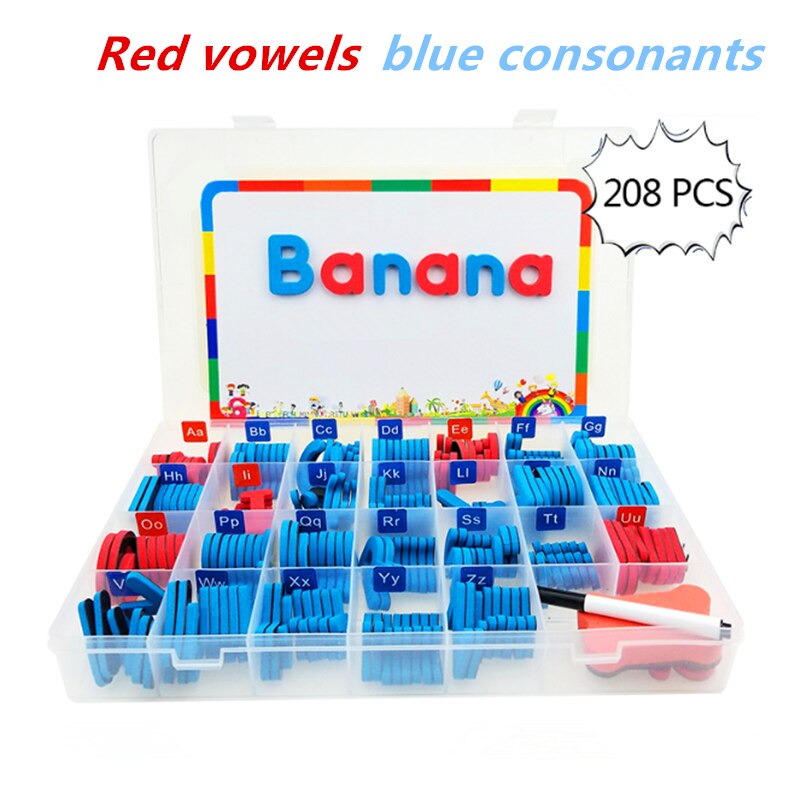 208 stk magnetiske bogstaver store bogstaver alfabetmagneter til køleskab køleskab pædagogisk legetøjssæt: Røde vokaler