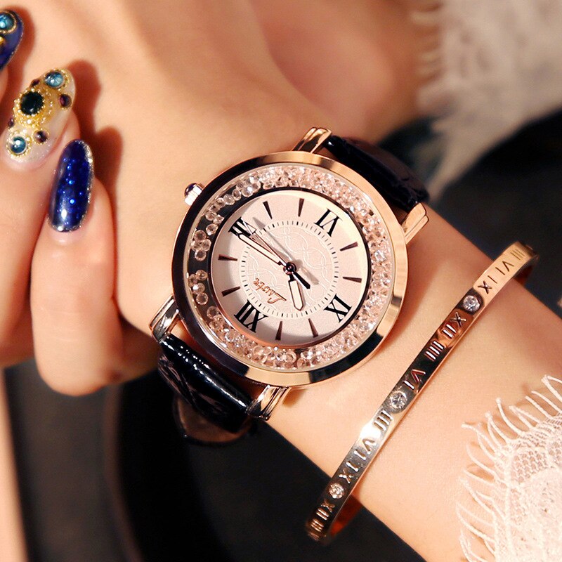 Ladies Watch PU Leather Watches Women Rhinestone Quartz Wristwatches