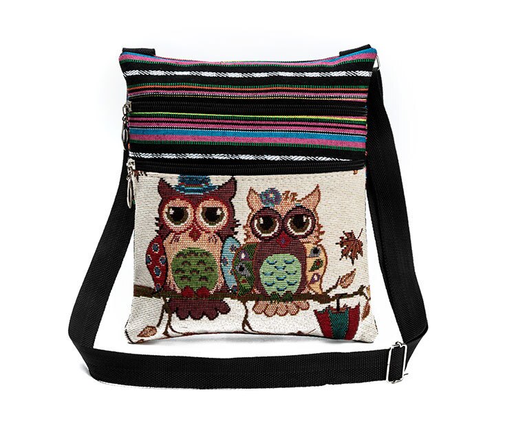 Vintage Frauen Kleine Taschen Cartoon Eule Druck Schulter Messenger Taschen Leinwand Nationalen Doppel-reißverschluss Mini Flap Bag Frau: A