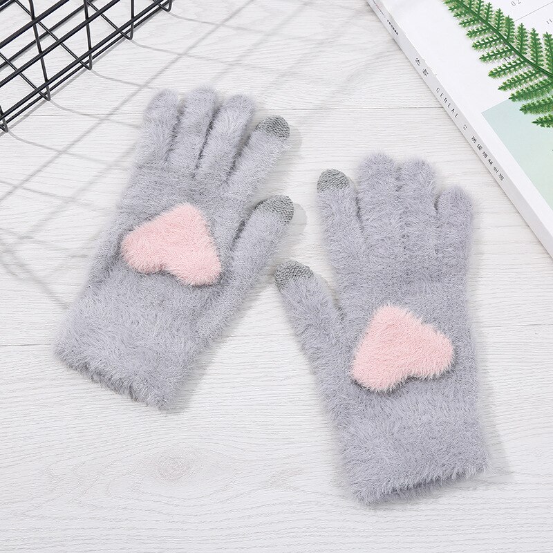 Vrouwen Roze Handschoenen Fluffy Pluche Handschoenen Winter Volledige Finger Handschoenen Liefde Hart Dikke Wanten Meisjes Warm Touchscreen Handschoen: grey