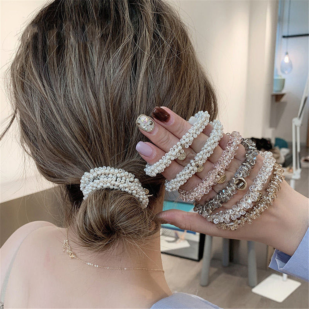 1 unidad de lazos para el cabello con perlas de cristal para mujer, coleteros elásticos hechos a mano con cuentas, accesorios para el cabello con cuerda para niña
