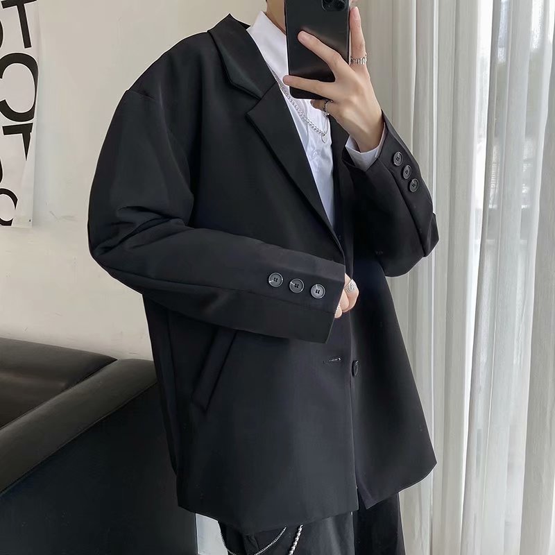 Chaquetas de los hombres primavera negro solo Breasted Oversize flojo Retro de de estilo coreano Ins estudiante Ulzzang-Encuentro de trajes de hombre Chic: XXL