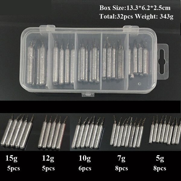 Posidon, 10 unidades/lote, 5g/7g/10g/12g/15g/18g, plomadas de plomo de caña larga, pesas de tiro dividido, peso de equilibrio, plomadas giratorias de plomo para pesca: 32pcs set