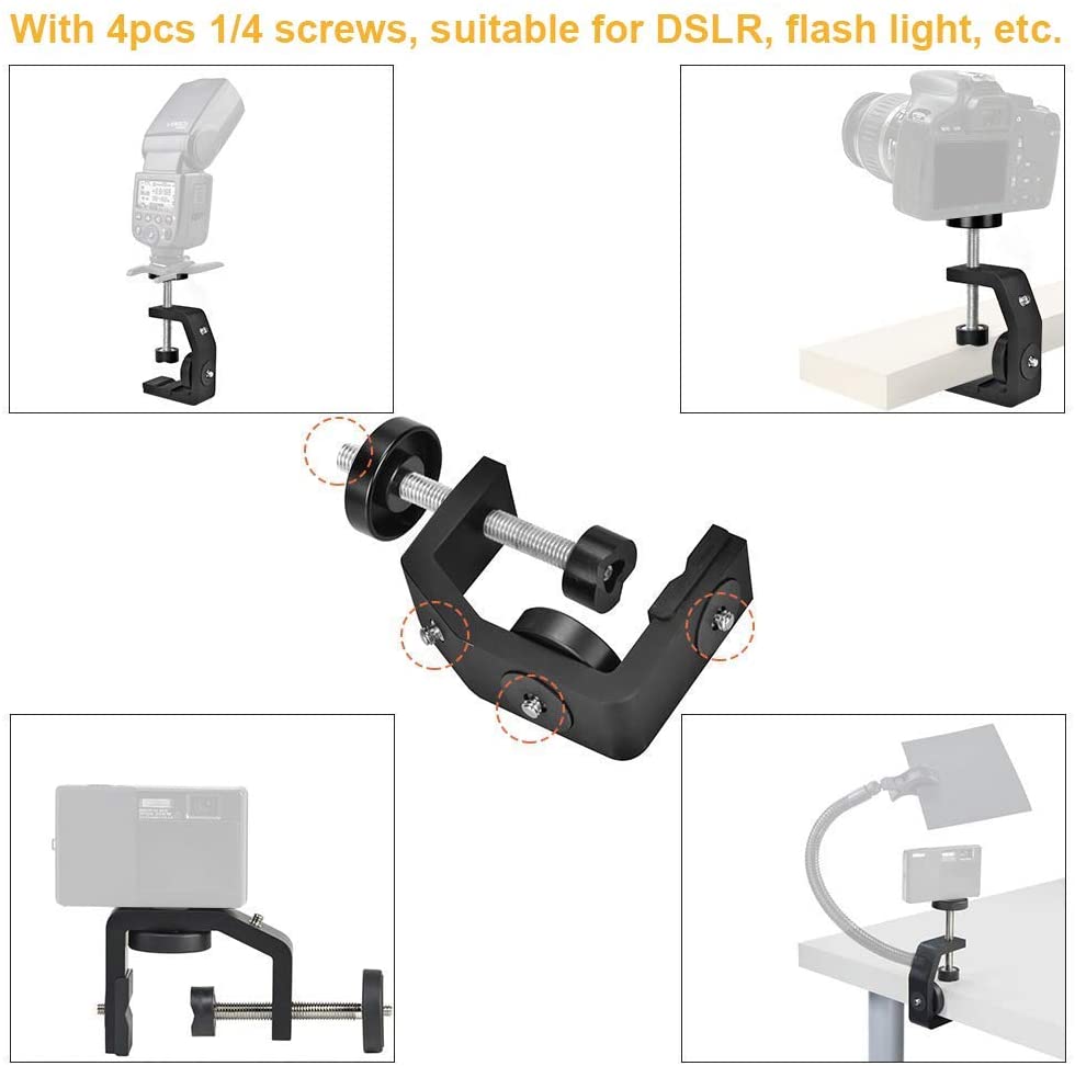 C Clamp with 1/4" Screw Adjustable Camera Mount Clamps Bracket Max. 2.36 Inch High for Photo Studio Photography DSLR Video Light