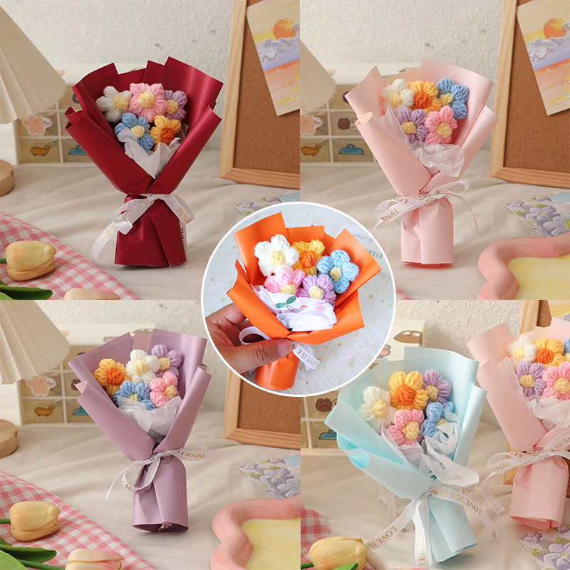 Mini buquê de flores de tricô feito à mão, buquê de flores de crochê com acabamento, caixa de presente para festa de casamento, acompanha buquê pequeno