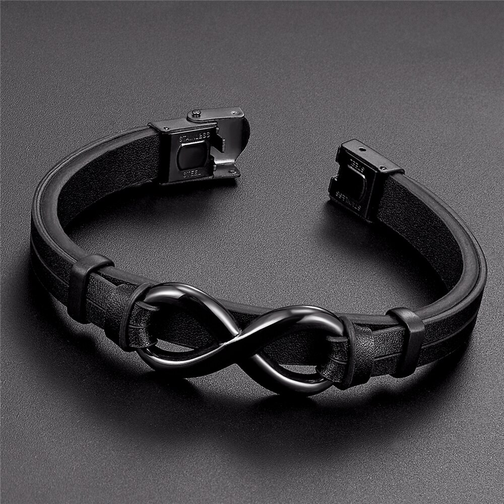 Men Black 8 Words Stainless Steel Leather Bracelet Classic Bangle 19/21/23cm Valentine&#39;s Day For Men Women