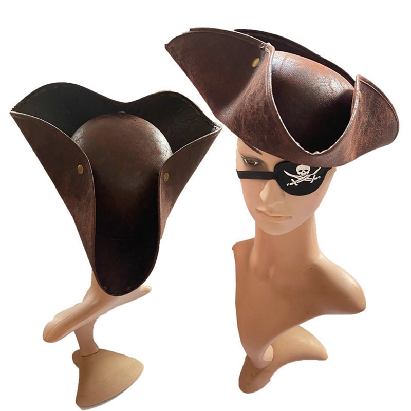 Rerto-Sombrero de pirata de Tricornio desgastado, de piel sintética, marrón, disfraz de de disfraces, gorras de Cosplay de capitán de Halloween, accesorios, sombreros: Default Title