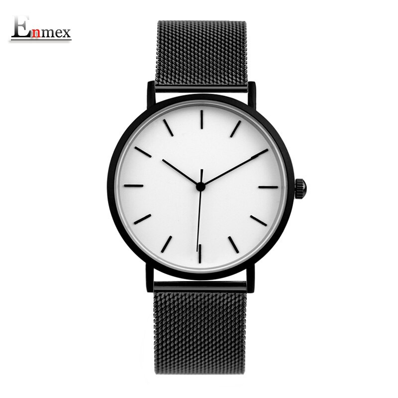 Enmex cool style lady wristwatch Brief vogue simple stylish Black and white face stainless steel quartz clock watch