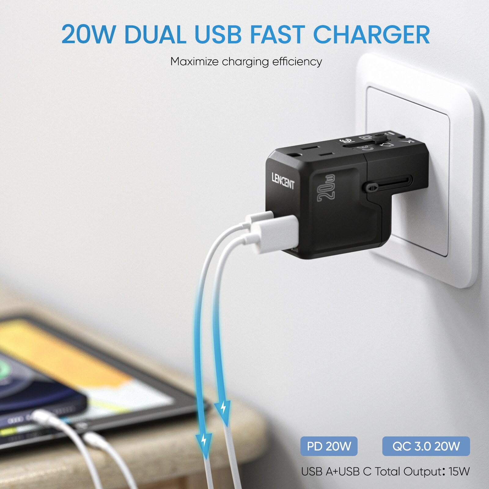 Lencent universal reiseadapter med 1 ac uttak 20w 1 usb  qc 3.0 port og 1 pd hurtiglader, strømadapter for usa, eu, storbritannia og australia