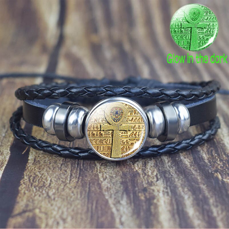Pulsera de Ankh egipcio que brilla en la oscuridad, brazalete Punk Vintage Antiguo Egipto Anubis Scarab diosa, pulseras multicapa, joyería de amuleto: as show 5