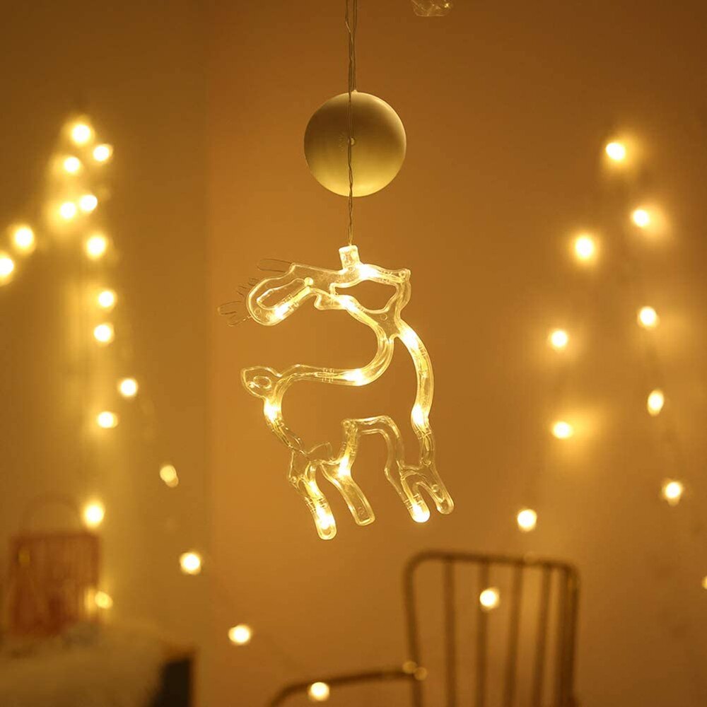 LED Christmas Curtains Light Sucker Window Hanging Lamps Xmas Tree Deer Bells Star Fairy Lights for Home Year Wedding Decor: Christmas deer