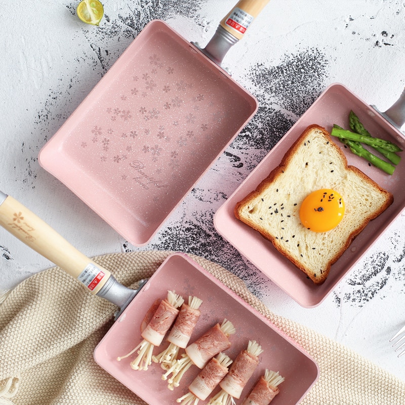 Japansk stekpanna trähandtag tamagoyaki omelett non-stick pan stekt ägg pannkaka köksgryta stekt kyckling matlagningsverktyg