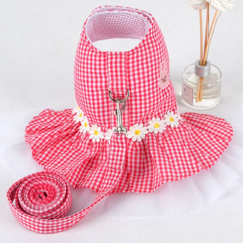 Vestido con arnés para perro y gato, camisa con correa a cuadros, flor a juego, falda para cachorro, ropa de primavera y verano: Rojo / M