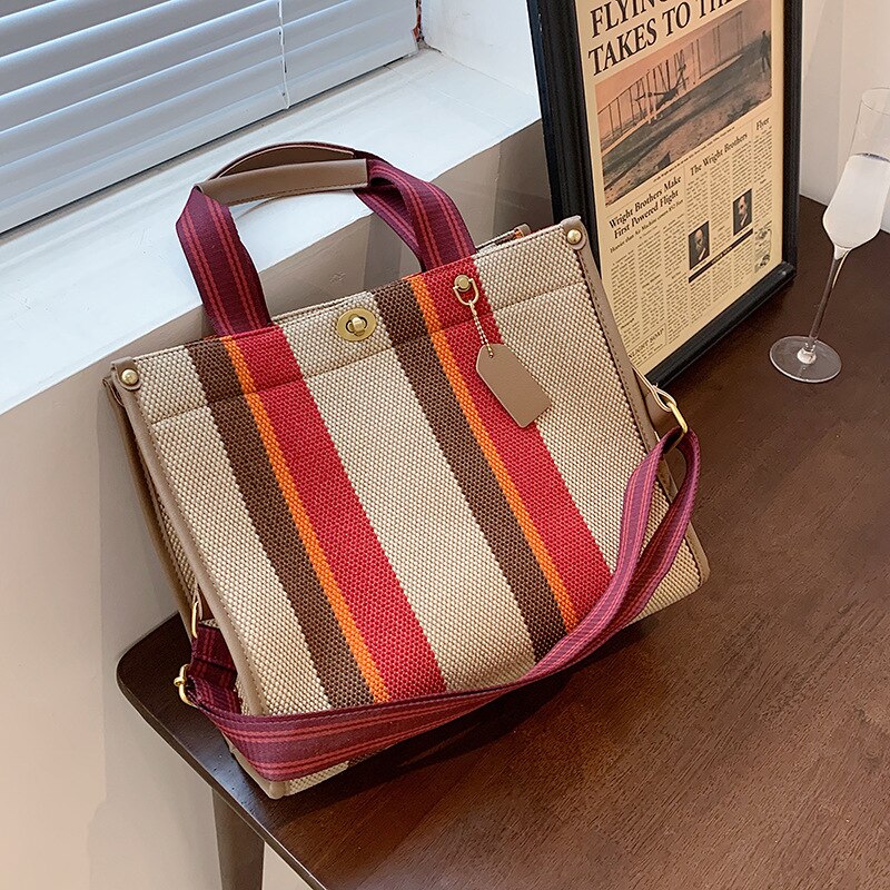 Mode Gestreepte Canvas Vrouwen Schoudertas Grote Capaciteit Shopper Tassen Voor Vrouwen Casual Brede Band Handtas Vrouwen Tas Pendelen tote: Red / small
